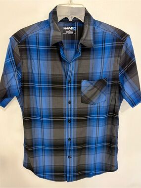 Tony Hawk Men's Blue and Gray Plaid Short-Sleeve Button-Down